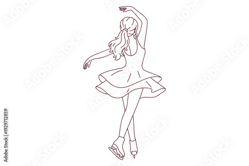 Back view of a female figure skater in a fluffy skirt standing in a beautiful pose. Black and white line art for coloring, highlighting the costume design and artistic posture.