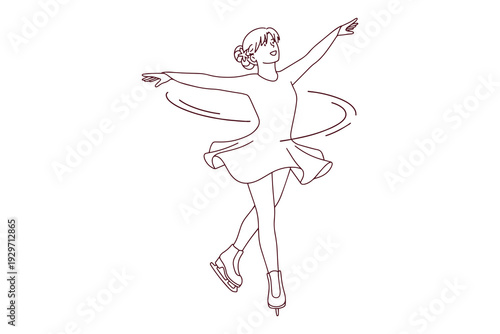 Graceful figure skater in a final pose after her ice performance. Black and white line art for coloring, showcasing poise, elegance, and the completion of a competitive routine.