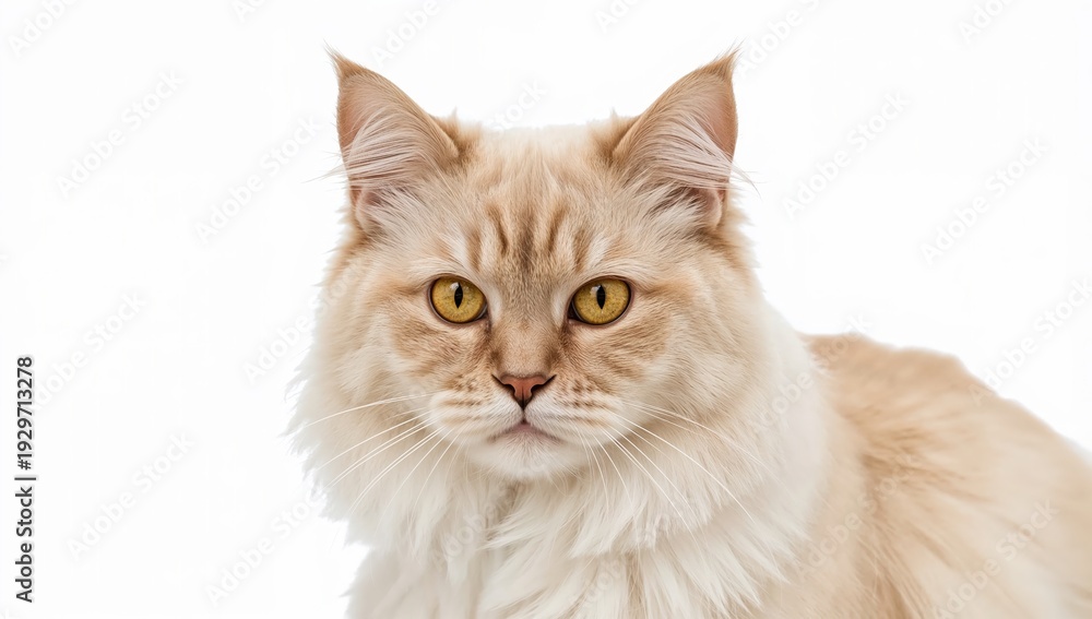 Fototapeta premium American curl cat with semilong cream fur, backwardcurled ears, and golden eyes on white background