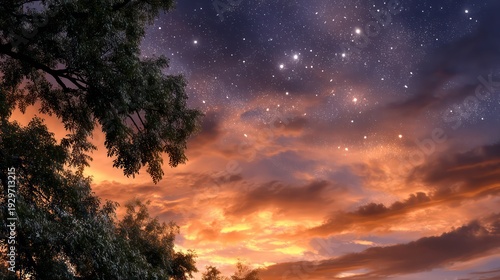 Deep twilight sky features dramatic orange clouds juxtaposed with a dark, star-filled upper atmosphere and foreground foliage.