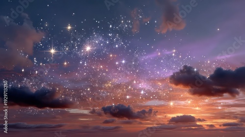 Vibrant twilight sky displays numerous sparkling celestial bodies nestled among dramatic cloud formations.