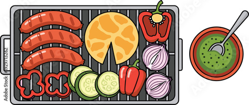 Delicious grill set with sausages, vegetables, and dip, perfect for a summer barbecue party