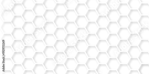 White Hexagonal Background. Luxury White Pattern. Futuristic honeycomb mosaic white background. Abstract embossed hexagon. Surface polygon pattern with glowing hexagon paper texture.	