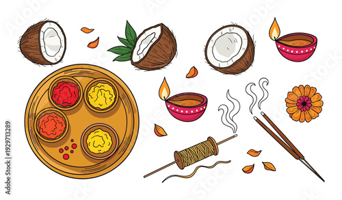 Colorful traditional indian diwali with coconuts incense and diya lamps festival