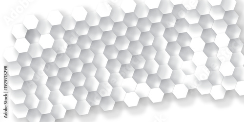 White Hexagonal Background. Luxury White Pattern. Futuristic honeycomb mosaic white background. Abstract embossed hexagon. Surface polygon pattern with glowing hexagon paper texture.	