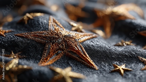 Intricate golden embroidery of five-pointed shapes adorns dark, textured fabric in a shallow depth of field arrangement.