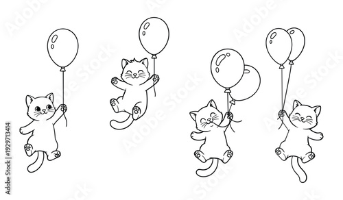 Four black and white cats holding balloons in different poses flying