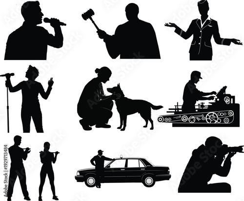 Silhouette of people performing various actions and occupations