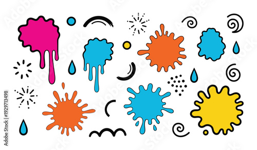 Colorful paint splatters with drops and swirls on white background