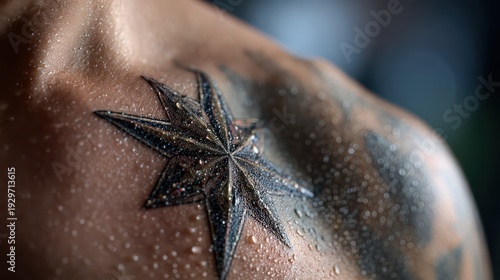 Detailed close up reveals an eight pointed star design inked onto damp skin