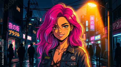 Retro 90s anime portrait of Brazilian woman with fuchsia hair
