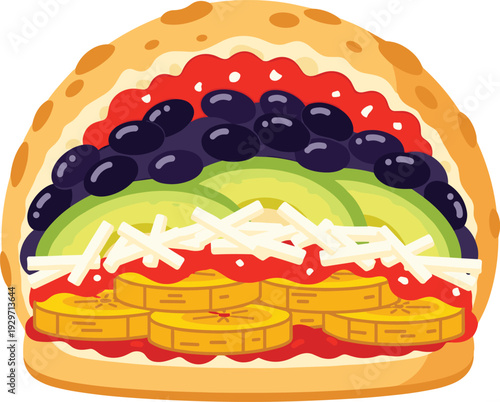 Stuffed pita bread sandwich with black beans avocado shredded cheese tomato sauce and sliced plantain coin