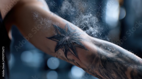 Close up captures fine mist settling onto a heavily tattooed arm displaying a stylized star design