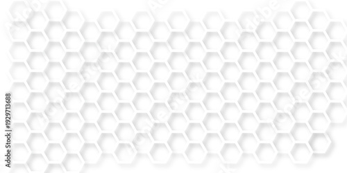 White Hexagonal Background. Luxury White Pattern. Futuristic honeycomb mosaic white background. Abstract embossed hexagon. Surface polygon pattern with glowing hexagon paper texture.	