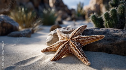 Starfish rests on light colored sand surrounded by desert vegetation and stone formations