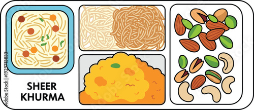 Traditional indian dessert sheer khurma nuts rice pudding ingredients vector illustration