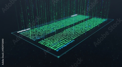 Green immersive data flowing from a transparent screen. Digital stream of information for AI agent and accountable automation concept.