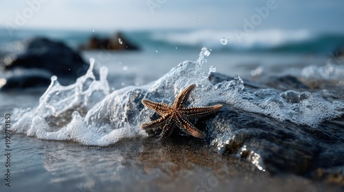 Marine invertebrate rests on wet coastal rock as foamy water splashes nearby