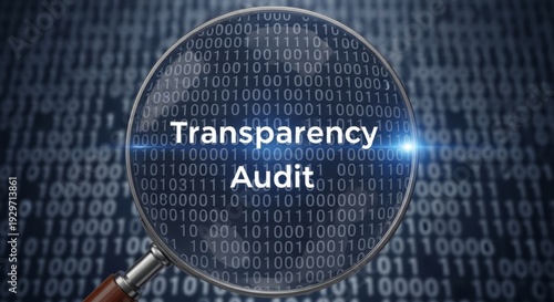 Magnifying glass highlighting transparency and audit text on a background of binary code, for digital accountability concept.