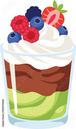 Berry parfait with whipped cream, chocolate pudding, and green tea mousse in a clear glass