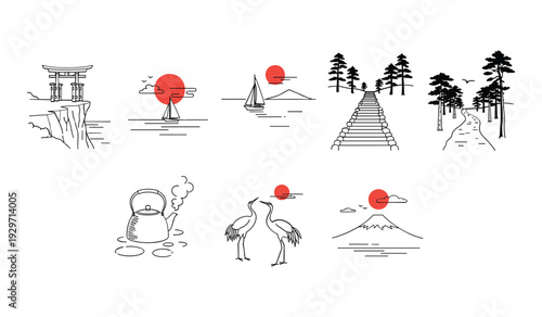 Minimalist line of japanese cultural symbols and nature scenes with red sun culture