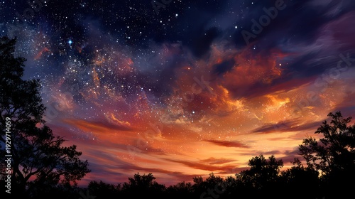 Brilliant celestial expanse merges with vibrant twilight hues above silhouetted foliage.