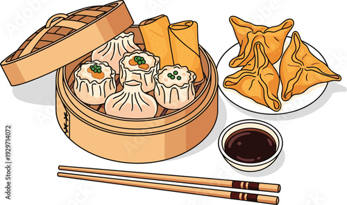 Dim sum set in bamboo steamer with dumplings and spring rolls served with soy sauce and crispy wonton dish
