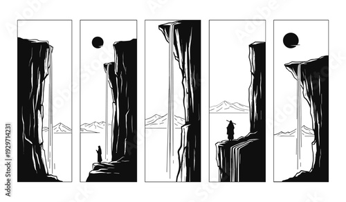 Black and white of person standing on cliff edge in various scenes