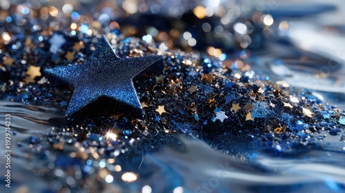 Deep blue star ornament rests upon shimmering glitter scattered across a rippling reflective surface.