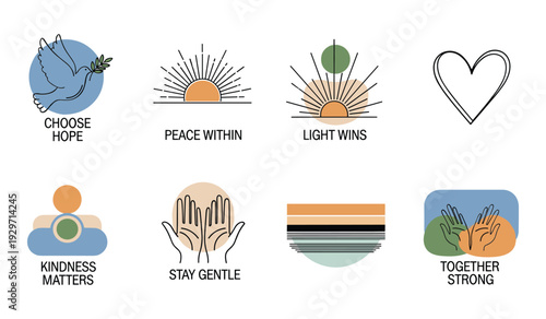 Set of colorful with inspirational messages and symbols including dove bird sun rays heart hands motivational