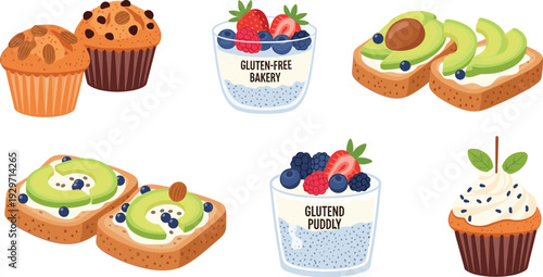 Assortment of gluten free bakery items including muffins, chia pudding, avocado toast, and cupcakes