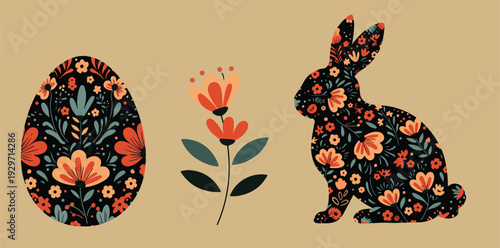 Floral patterned easter egg and rabbit with colorful tulip on beige background