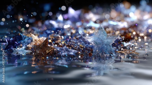 Sparkling crystalline stars scatter across a reflective surface with scattered glitter.