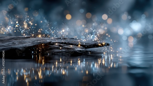 Dark stone surface rests above rippling water illuminated by magical golden and white sparkles
