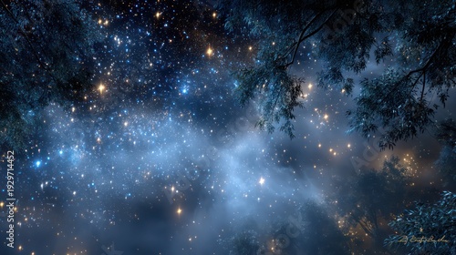 Brilliant celestial illumination shines vividly through dark forest canopy overhead