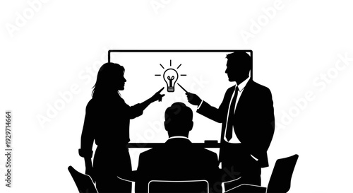 Innovation in the Meeting: Two figures collaborating in a business meeting, pointing to a light bulb, symbolizing fresh ideas and creative solutions. 