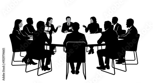 Boardroom Dynamics: A silhouette of a business meeting taking place, people engaged in discussion, strategic planning and collaborative exchange.