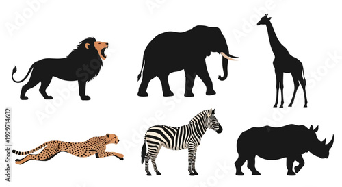 African Safari Wildlife Silhouette: A captivating graphic featuring iconic African animals in silhouette, capturing their majestic forms and evoking the spirit of the savanna. 