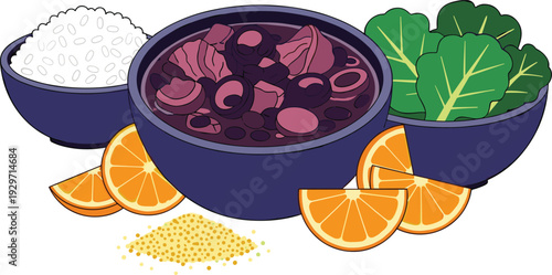 Brazilian feijoada black bean stew with rice orange slices and collard greens on transparent background