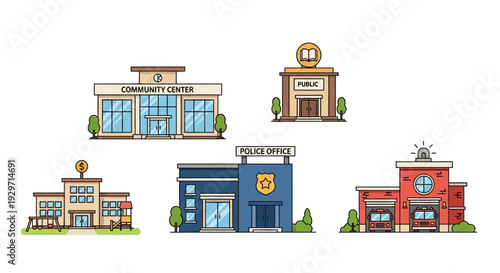 Community Icons of Progress: Vibrant illustrations depict essential community structures, showcasing the diverse facets of local services and civic life.