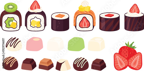 Japanese dessert set with sweet sushi rolls mochi rice cakes and chocolate truffles with strawberries