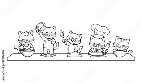 Five cartoon cats cooking and baking on a countertop with kitchen utensils