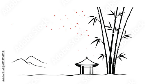Black and white of bamboo trees beside a small traditional asian pavilion with mountains in the background