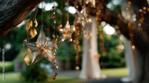 Metallic star shaped ornaments hang from a tree branch illuminating an outdoor celebration setting