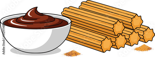 Churros with chocolate dipping sauce and sugar on plate vector illustration