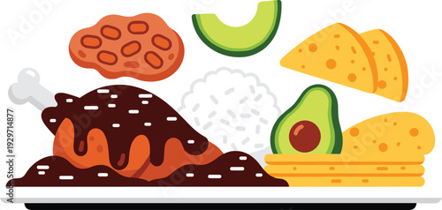 Mexican mole poblano chicken with rice avocado and corn tortillas served on a tray flat vector design