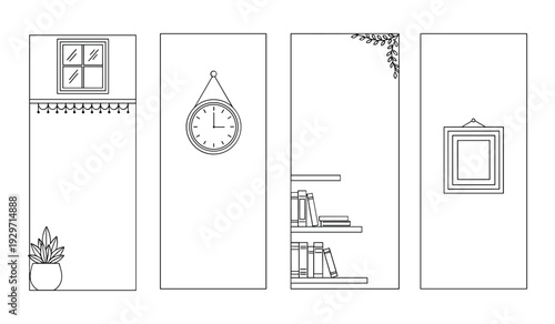 Minimalist interior decor panels with potted plant clock bookshelf and frame wall