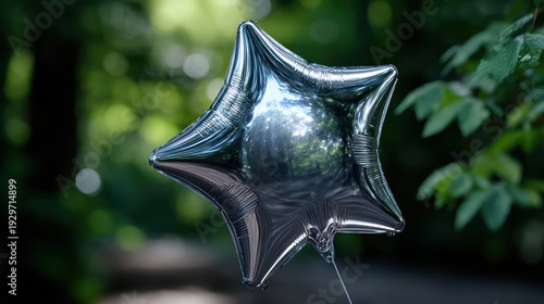 Shiny metallic star shaped balloon floats suspended against a deep green natural background