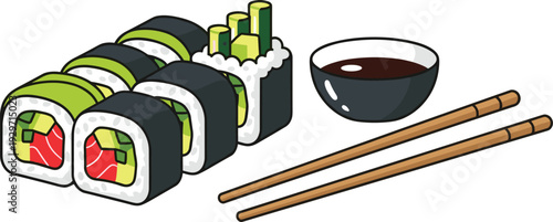 Sushi rolls with avocado and salmon with soy sauce and chopsticks vector