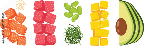 Fresh ingredients for poke bowl with salmon tuna avocado edamame seaweed and sesame seeds